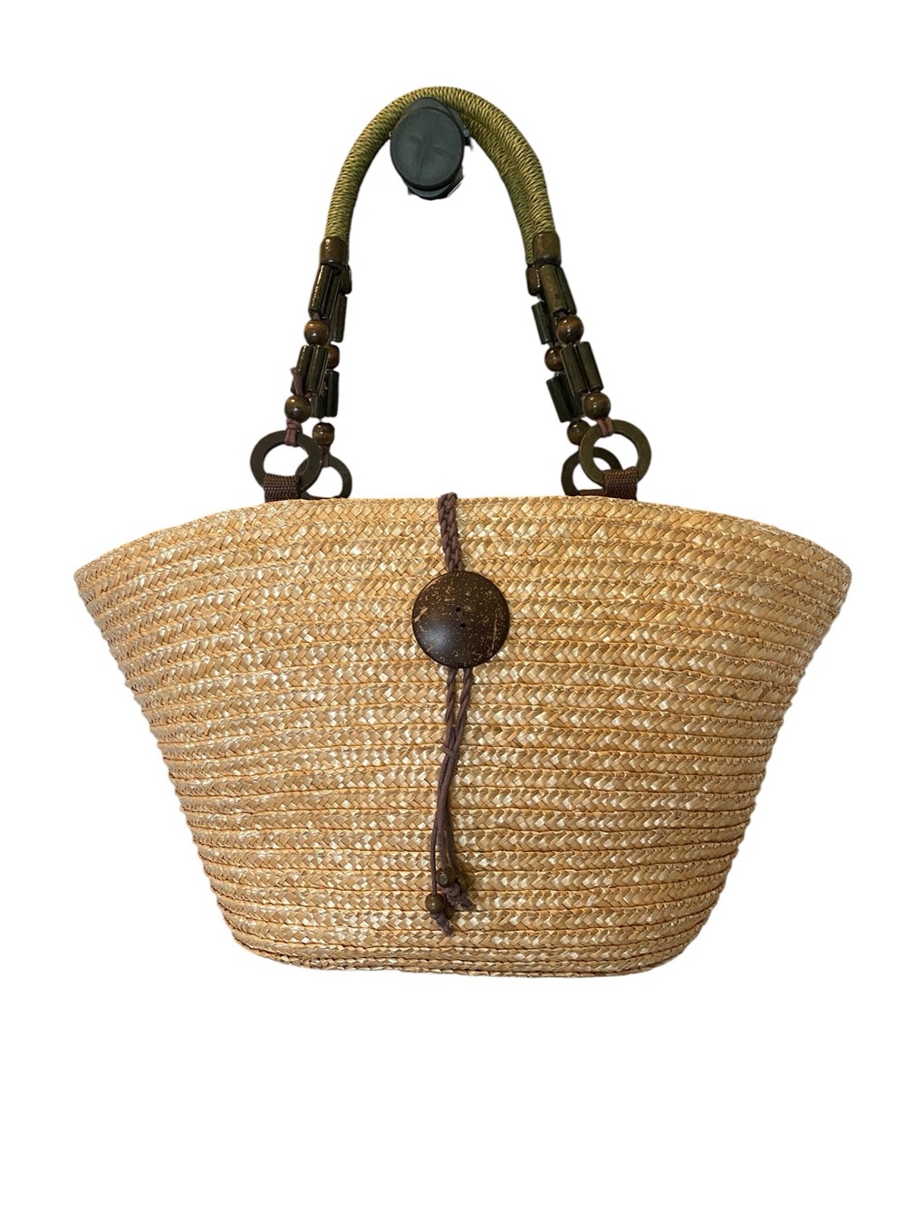 Natural Wheat Straw Tote  Olive color beaded strap Handle Large Button